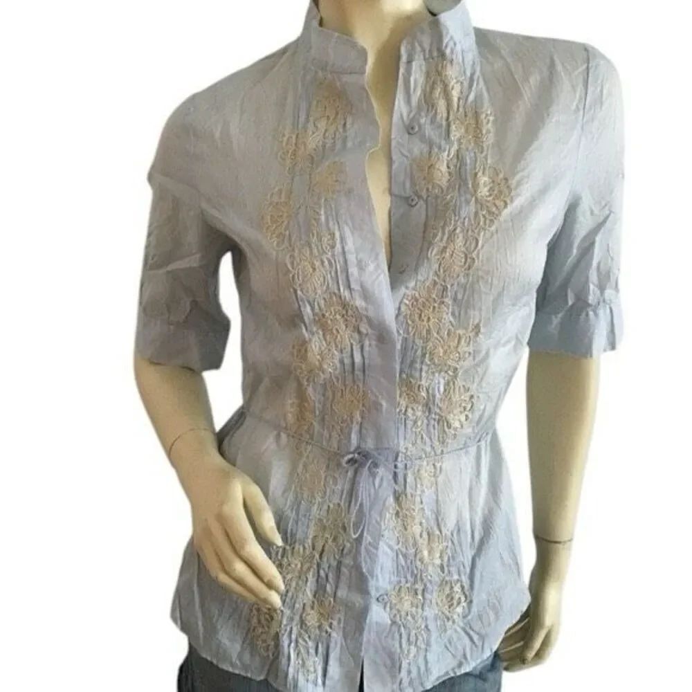 ✨Tahari Blue & Yellow Embroidered Short Sleeve Button Down Sz Large Blouse✨